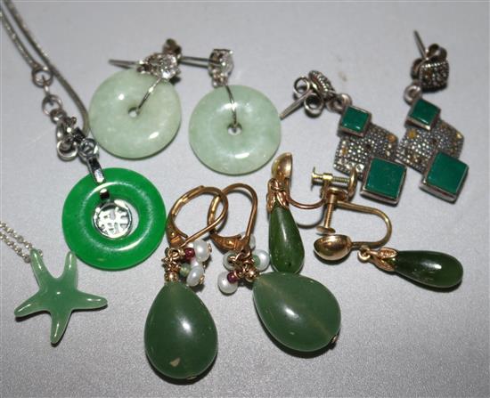 Four pairs of earrings including jadeite and hardstone and two pendant necklaces, one with Tiffany chain.